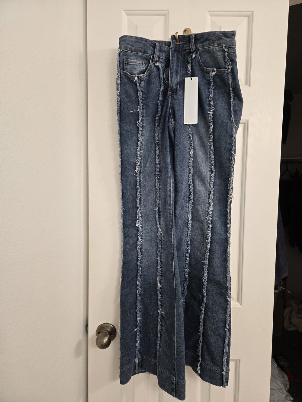 Madden Girl Frayed-Striped Wide Leg Jeans in Dark Blue
